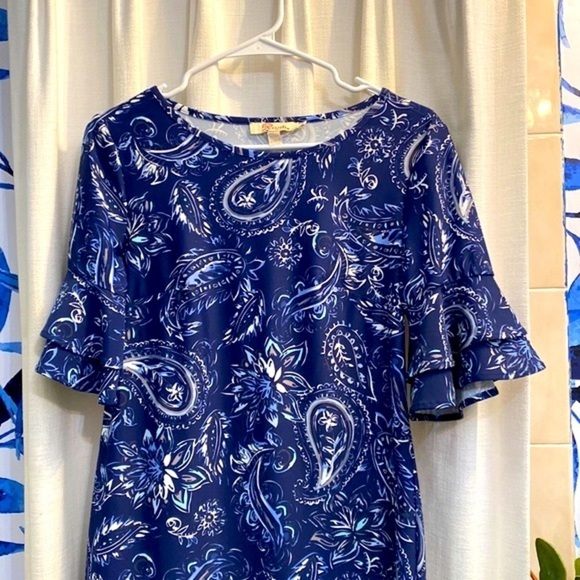 NWOT Women’s Aretha Nylon & Spandex Blue Paisley Ruffle Sleeve Dress Size Small - Picture 2 of 8